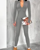 Kadın Uzun Kollu V Yaka Baş Parmak Geçirmeli Detay Kaşkorse Tulum thumbnail 3