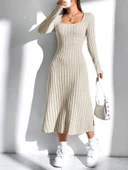 Kadın Uzun Kollu Kare Yaka Midi Kaşkorse Elbise thumbnail 2