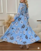 Kadın Uzun Kollu V Yakalı çiçek Desenli Maxi Süprem Elbise thumbnail 7