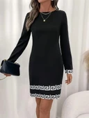 Kadın Uzun Kollu Bisiklet Yaka Mini Ithal Krep Elbise thumbnail 3