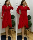 Krep Kumaş Midi Boy Kuşaklı Uzunkol Elbise thumbnail 6