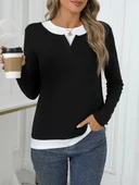 Kadın Uzun Kollu V Yakalı çift Renkli Viskon Iki Iplik Bluz thumbnail 3