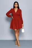 Kadın Uzun Kollu V Yaka Belden Hafif Pileli Scuba Krep Mini Boy Elbise thumbnail 5
