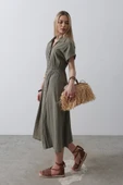 Önü Düğmeli Kısa Kol Elbise - Haki thumbnail 2