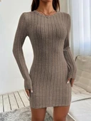 Kadın Uzun Kollu Bisiklet Yaka şardonlu Kalın Fitilli Kaşkorse Mini Boy Elbise thumbnail 3