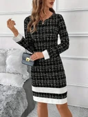 Kadın Uzun Kollu Yuvarlak Yaka Etek Ucu şerit Detaylı Kısa Dokuma Elbise thumbnail 4