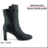 Erkan Saçmacı Siyah Hakiki Dana Derisi Tokalı Fermuarlı Sivri Burun Kalın Topuklu Günlük Yarım Çizme - 2