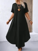 Kadın Kısa Kollu Bisiklet Yaka Cepli Salaş Viskon Elbise thumbnail 1