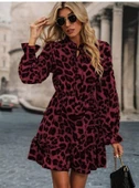 Kadın Uzun Kollu Yakadan Bağcıklı Modal Leopar Desenli Mini Elbise thumbnail 1