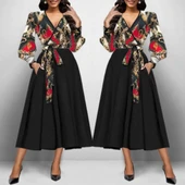 Kadın Uzun Kollu Kruvaze Yaka Dalgıç Krep Midi Boy Elbise thumbnail 3