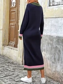 Kadın Uzun Kollu Yakalı çok Renkli Triko Uzun Elbise thumbnail 5