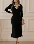 Kadın Uzun Kollu V Ribana Yakalı Yanlardan Yırtmaçlı Midi Viskon Iki Iplik Elbise thumbnail 5