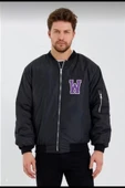 Unisex Uzun Kol Baskılı Bomber Ceket - Siyah thumbnail 1