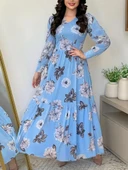 Kadın Uzun Kollu V Yakalı çiçek Desenli Maxi Süprem Elbise thumbnail 1