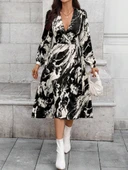 Kadın Uzun Kollu Kruvaze Yakalı Yandan Bağlamalı Desenli Mini Modal Elbise thumbnail 2