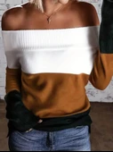 Kadın Uzun Kollu Omuzlardan Açık Uzun Kollu Blok çizgili Triko Bluz thumbnail 3
