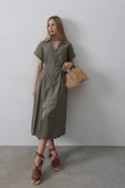 Önü Düğmeli Kısa Kol Elbise - Haki thumbnail 1