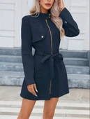 Kadın Uzun Kollu Boyundan Düğmeli Fermuarlı Beli Kuşaklı Süet Ceket thumbnail 2