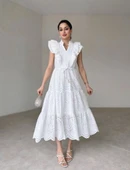 Beyaz Fırfırlı Düğmeli Elbise thumbnail 1