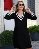 Kadın Uzun Kollu V Yaka şeritli Iki Iplik Salaş Elbise thumbnail 6