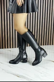 Erkan Saçmacı Siyah Hakiki Dana Derisi Streç Tokalı Fermuarlı Sivri Burun Kalın Topuklu Çizme - 7