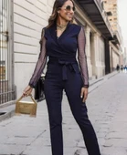 Kadın Uzun Kollu Kruvaze Yakalı Kolları Tül Detay Beli Kuşaklı Ithal Krep Tulum thumbnail 9