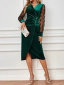 Kadın Uzun Kollu Kruvaze Yakalı Yandan Düğmeli önden çapraz Kesin Detaylı Midi Kadife Elbise thumbnail 5