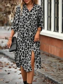 Kadın Uzun Kollu Yakalı önden Düğmeli Leopar Desenli Modal Midi Elbise thumbnail 1