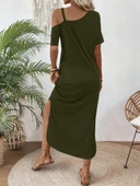 Kadın Tek Omuzdan Açık Toka Detaylı Yandan Yırtmaçlı Maksi Boy Viskon Elbise thumbnail 4