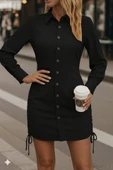 Kadın Uzun Kollu Gömlek Yaka önden Düğmeli Yanlardan Büzgülü Kısa Aerobin Elbise thumbnail 8