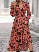 Kadın Uzun Kollu Kruvaze Yakalı çiçek Desenli Maksi Süprem Elbise thumbnail 1