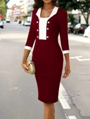 Kadın Truvakar Kol çift Renkli Düğmeli Kısa Ithal Krep Elbise thumbnail 2