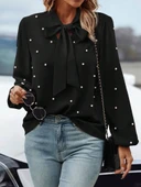 Kadın Uzun Kollu Yakadan Fiyonklu Incili Ithal Krep Bluz thumbnail 2