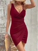 Kadın Tek Omuzu Ip Askılı Kruvaze Yakalı Belden Düğmeli Asimetrik Kesim Detaylı Kaşkorse Elbise thumbnail 3