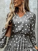 Kadın Uzun Kollu V Yakalı Belden Kuşaklı Puantiyeli Mini Modal Elbise thumbnail 2