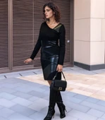 Kadın Uzun Kollu Asimetrik Yaka Süet Ve Deri Mini Boy Elbise thumbnail 1