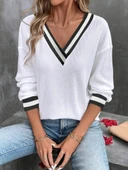 Kadın Uzun Kollu V Yakalı Waffle Bluz thumbnail 3