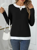 Kadın Uzun Kollu V Yakalı çift Renkli Viskon Iki Iplik Bluz thumbnail 1