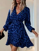 Kadın Uzun Kollu Kruvaze Yaka Belden Kuşaklı çapraz Kesim Detaylı Leopar Modal Mini Elbise thumbnail 5
