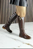 Erkan Saçmacı Kahverengi Hakiki Dana Derisi Metal Aksesuarlı Fermuarlı Yuvarlak Burun Kalın Topuklu Çizme - 7