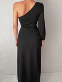 Tek Omuz Açık Derin Yırtmaçlı Krep Tam Boy Elbise thumbnail 4
