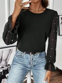 Kadın Uzun Kollu Bisiklet Yaka Tül Detaylı Incili Ithal Krep Bluz thumbnail 4