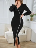 Kadın Uzun Kollu V Yakalı Yırtmaçlı Taşlı Uzun Ithal Krep Elbise thumbnail 1