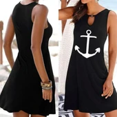 Kadın Kolsuz Halka Detay çıpa Baskılı Viskon Elbise thumbnail 3