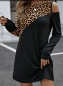 Kadın Uzun Kollu Omuzdan Açık Leopar Desenli Viskon Iki Iplik Mini Elbise thumbnail 2