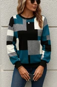 Kadın Uzun Kollu Bisiklet Yaka Renkli Blok Baskı Dalgıç Bluz thumbnail 3