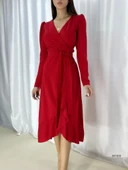 Krep Kumaş Midi Boy Kuşaklı Uzunkol Elbise thumbnail 7