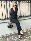 Kadın Uzun Kollu Kruvaze Yakalı Kolları Tül Detay Beli Kuşaklı Ithal Krep Tulum thumbnail 7