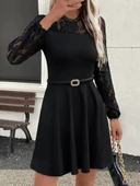 Kadın Uzun Kollu Dantelli Kloş Mini Ithal Krep Elbise thumbnail 5