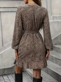 Kadın Uzun Kollu Kruvaze Yakalı Kuşaklı Desenli Kısa Modal Mini Elbise thumbnail 8